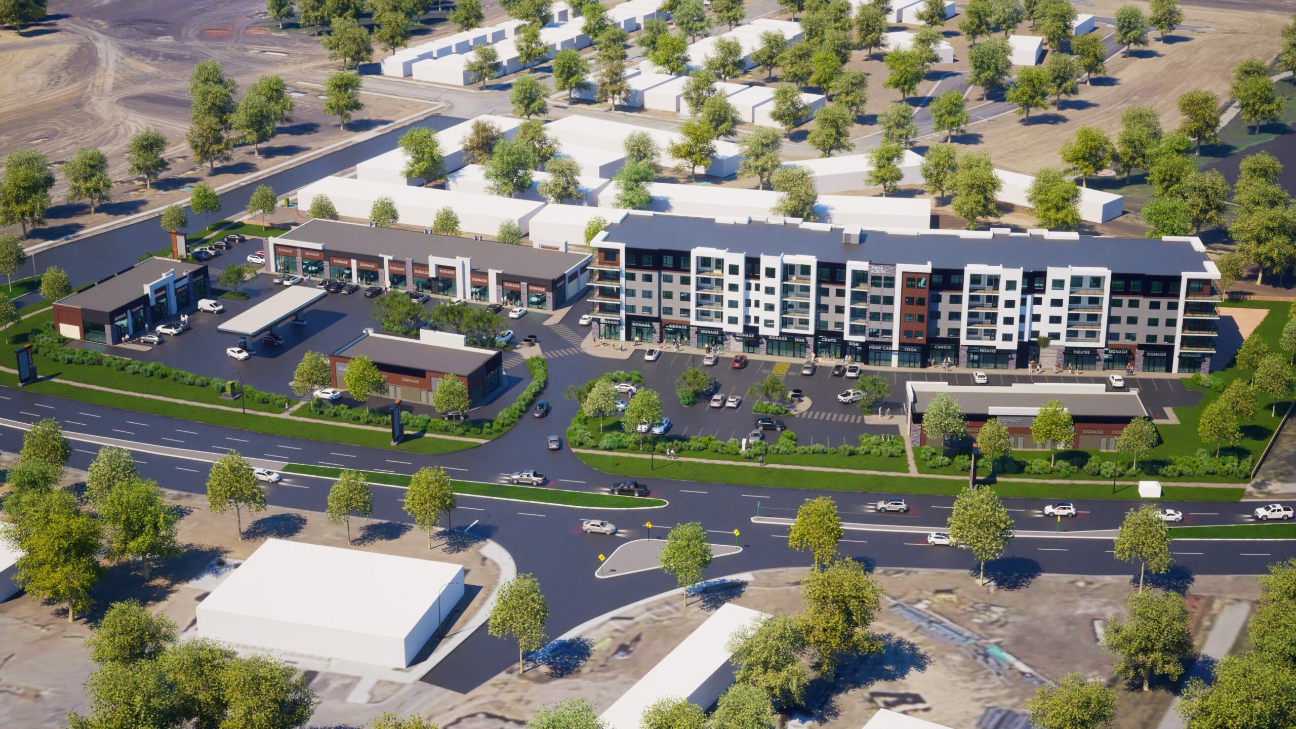 Aerial rendering of a modern mixed-use commercial development